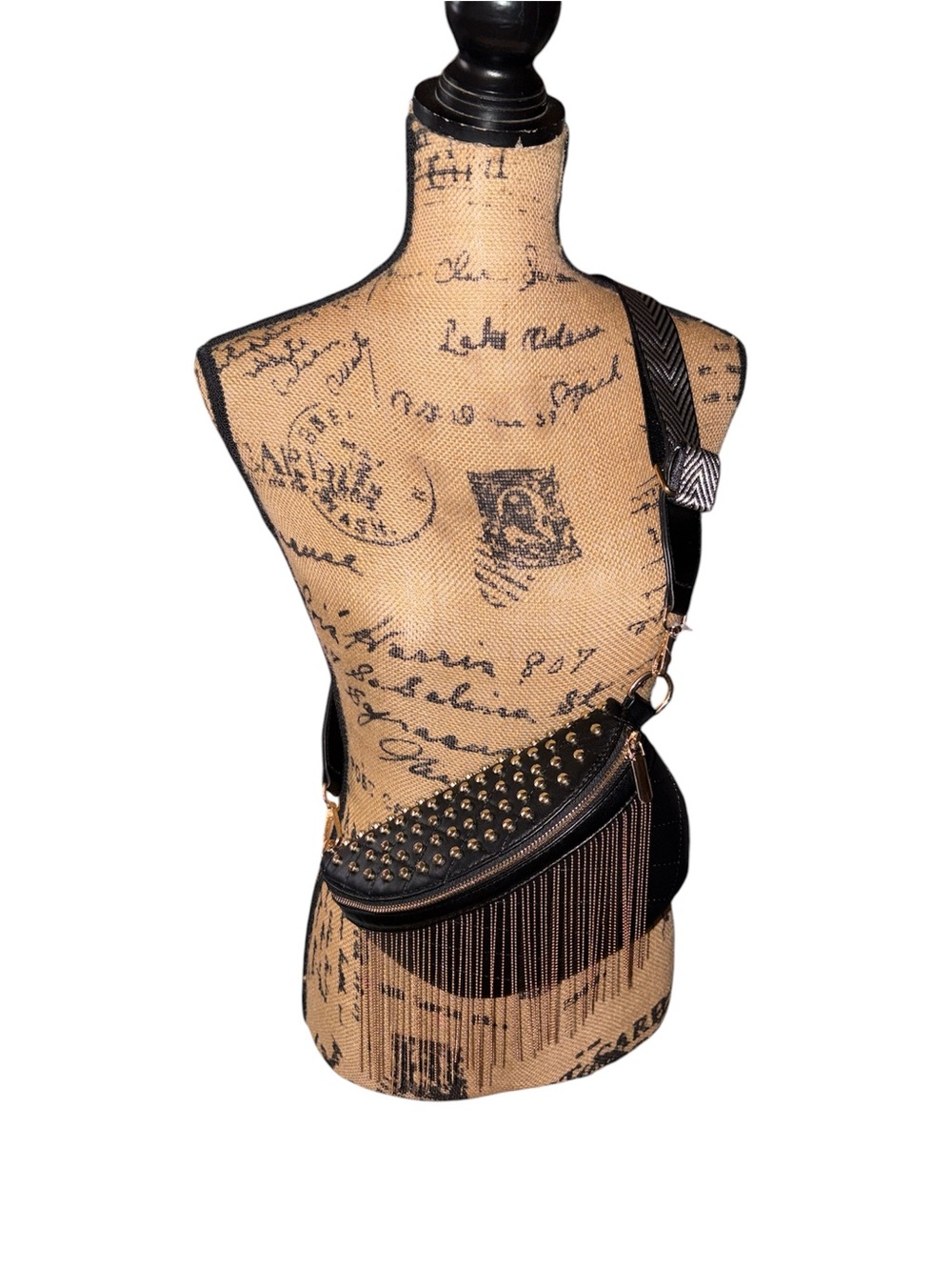Black Studded Fringe Crossbody Bag with Patterned Strap